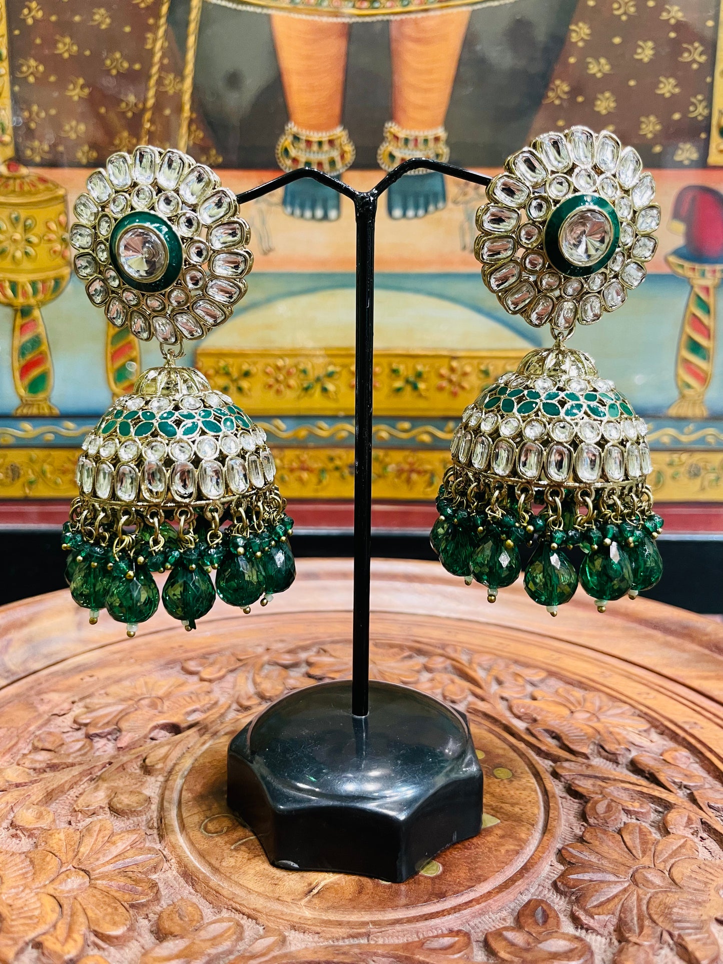 GREEN POLKI JHUMKI EARRINGS