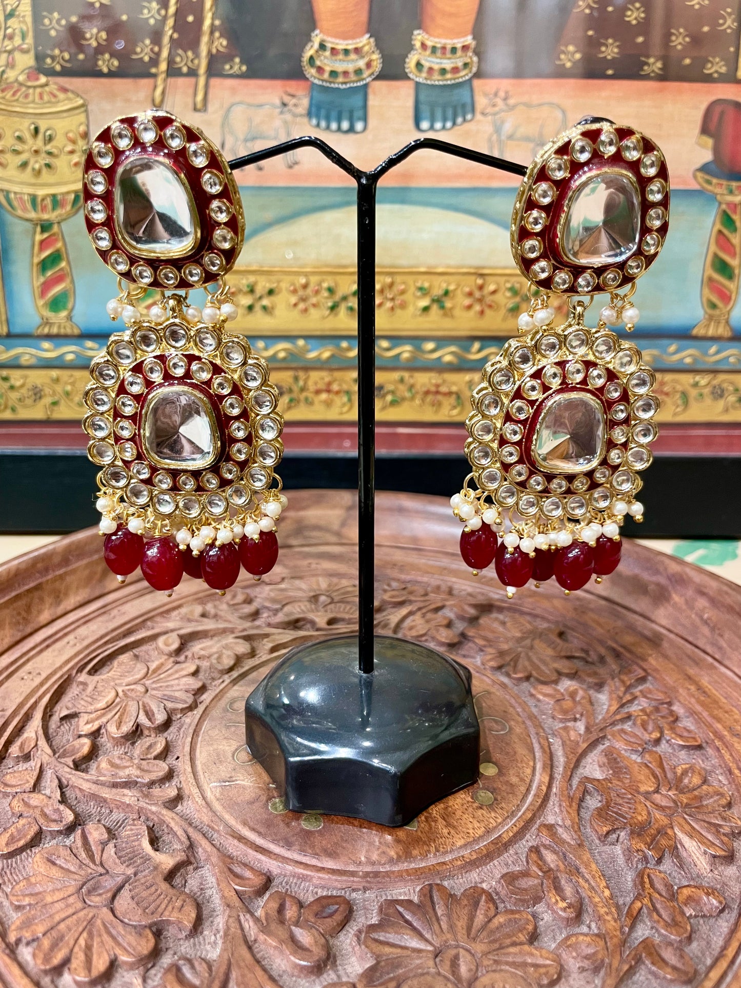 MAROON POLKI KUNDAN BRIDAL EARRINGS