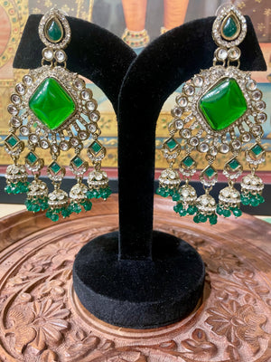 GREEN KUNDAN MOISSANITE CHANDBALI JHUMKI EARRINGS