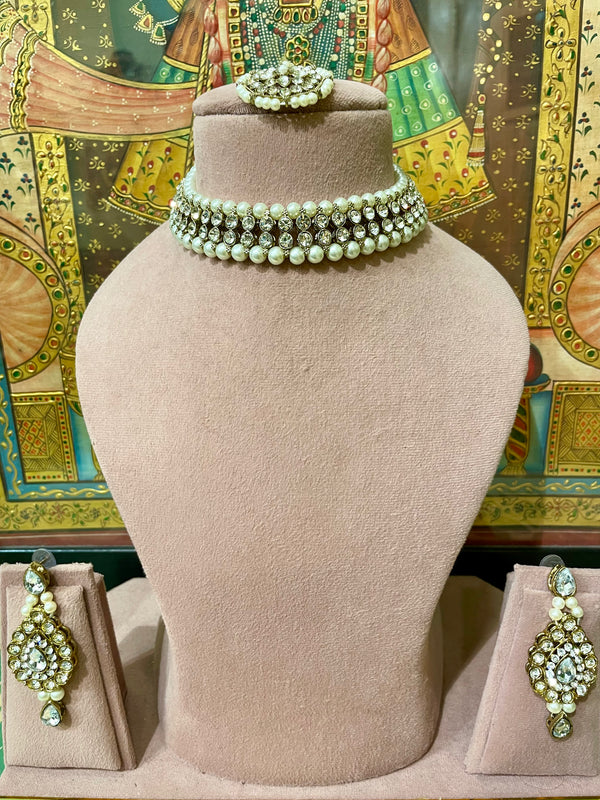 IVORY WHITE PEARL ZIRCON CHOKER NECKLACE SET