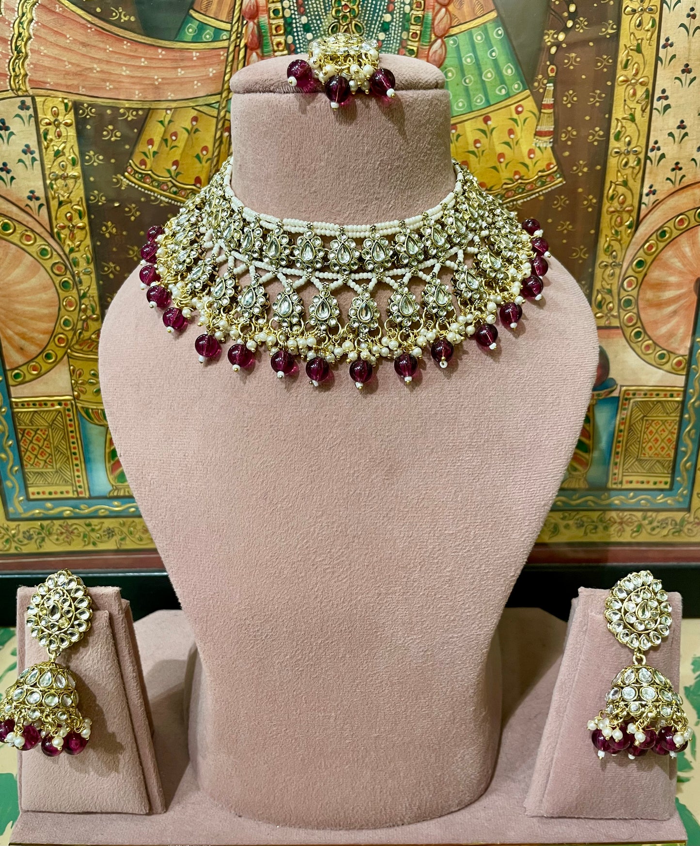 KUNDAN PEARL DESIGNER NECKLACE SET (BURGUNDY)