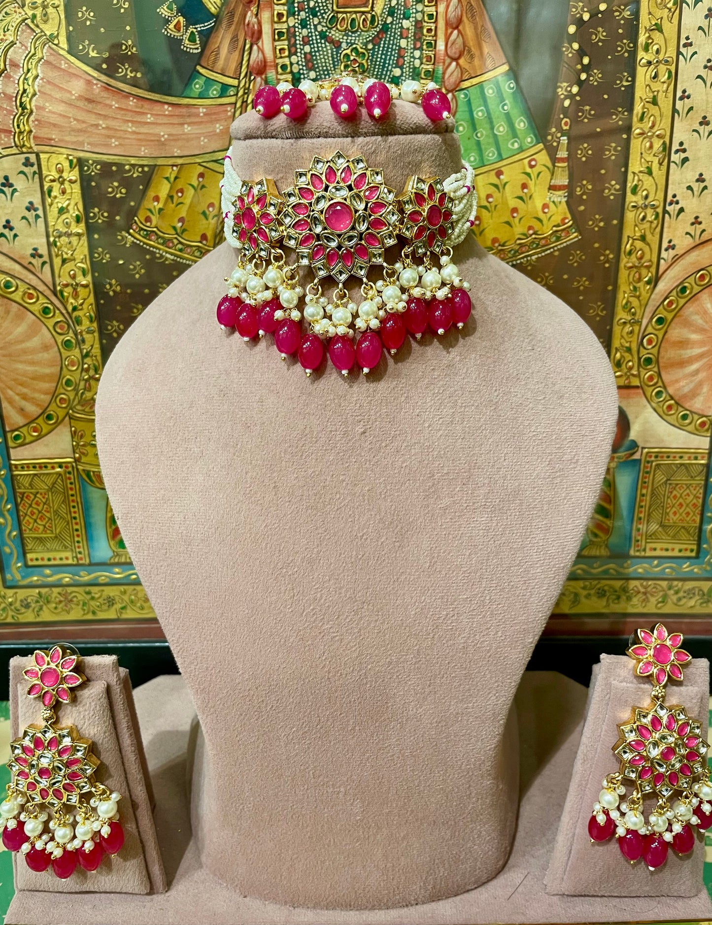 DARK PINK KUNDAN PEARL CHOKER NECKLACE SET