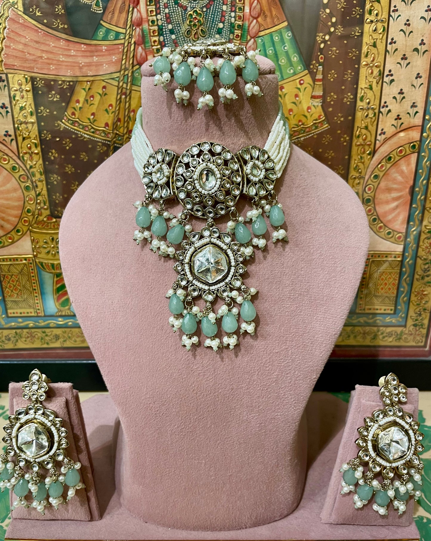 MINT GREEN POLKI KUNDAN PEARL CHOKER SET