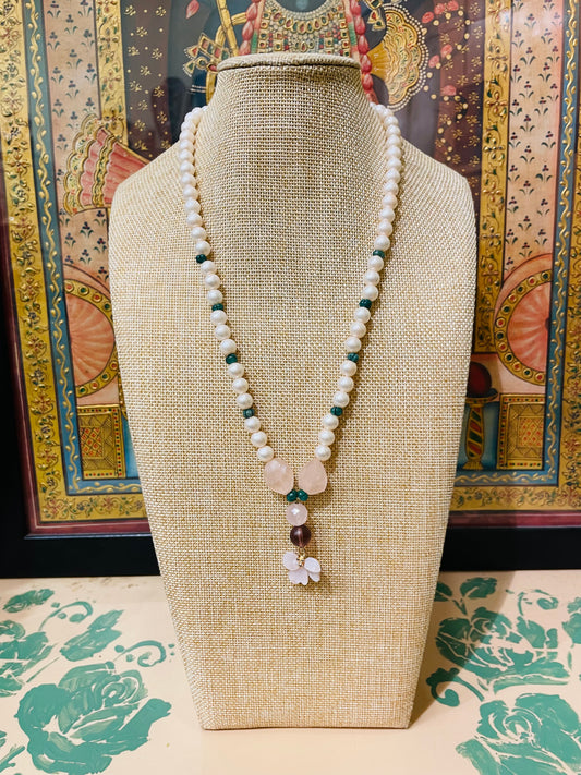 PEARL WITH ROSE QUARTZ SEMI PRECIOUS STRING NECKLACE