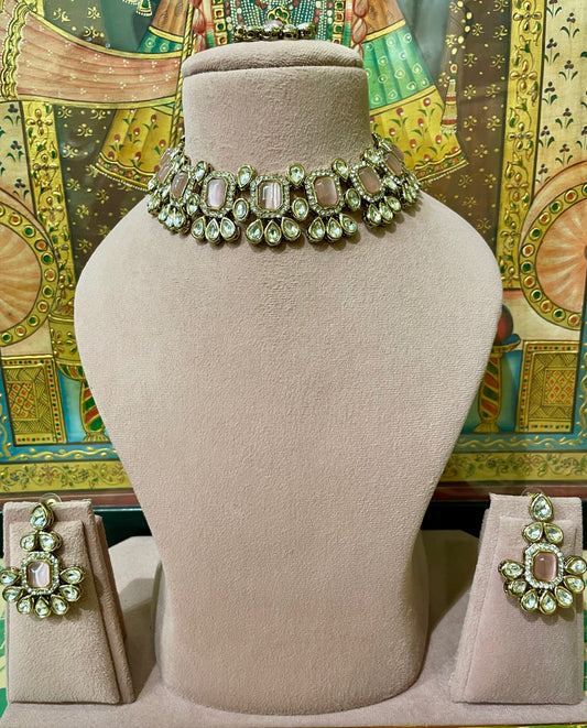 SOFT PINK TYAANI KUNDAN GOLD PLATED NECKLACE SET