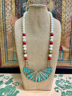 TURQUOISE FAN PENDANT CULTURED PEARL STATEMENT NECKLACE