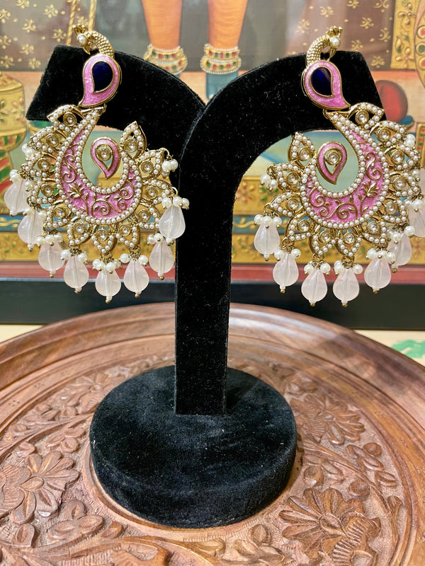 SOFT PINK PEACOCK DESIGN TRADITIONAL EARRINGS