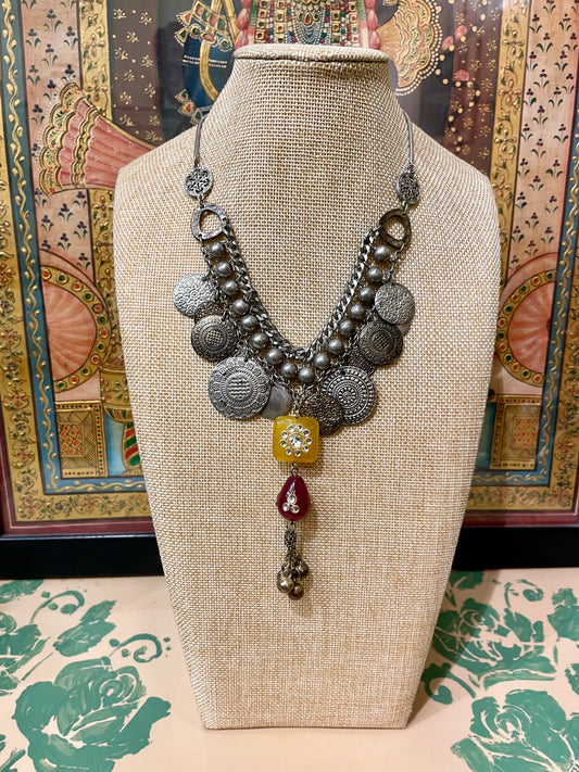 OXIDISED SILVER KUNDAN SEMI PRECIOUS STONES DESIGNER NECKLACE