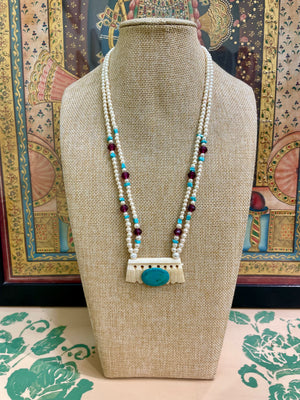 TURQUOISE HERITAGE PENDANT DOUBLE PEARL NECKLACE