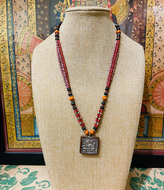 SILVER PATRA TRIBAL ART ANTIQUE TULSI BEADS NECKLACE