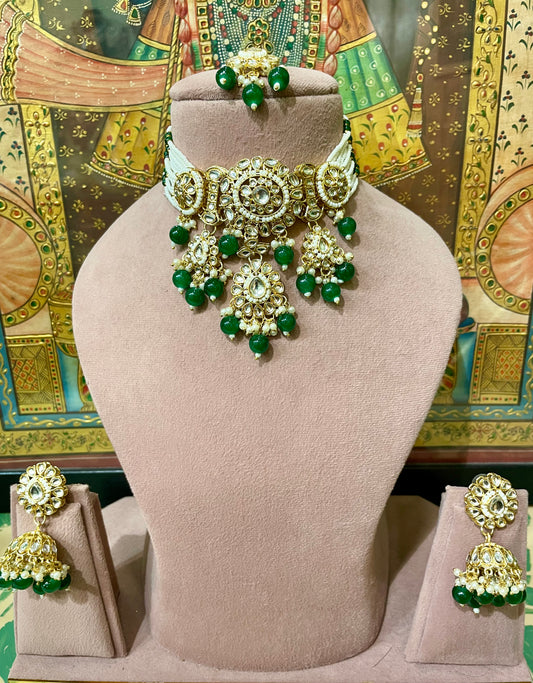 KUNDAN PEARL GREEN PEARL CHOKER NECKLACE SET