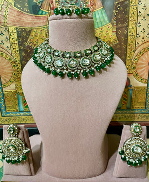 GREEN KUNDAN MOISSANITE BRIDAL NECKLACE SET