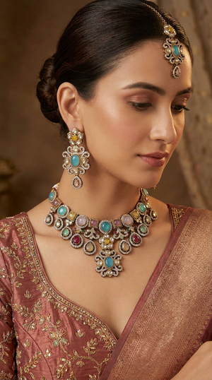 MULTICOLOUR PASTEL NAVRATNA STYLE KUNDAN NECKLACE SET