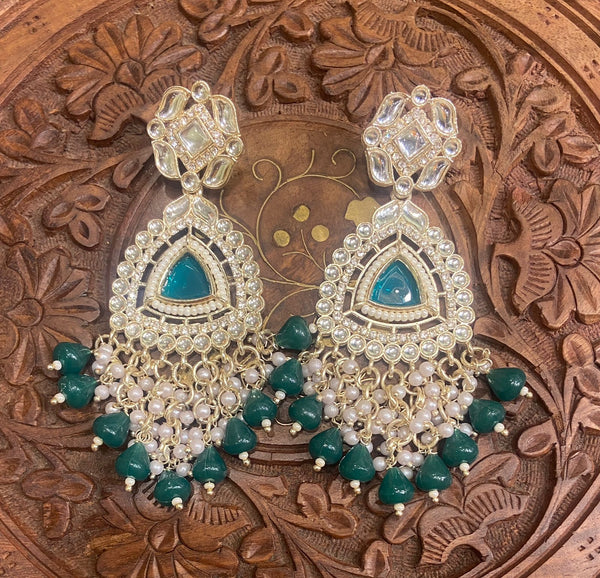 ROYAL GREEN KUNDAN BEADED  EARRINGS