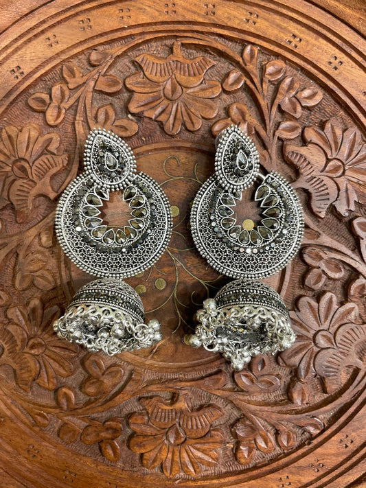 OXIDISED SILVER JHUMKI ETHNIC EARRINGS