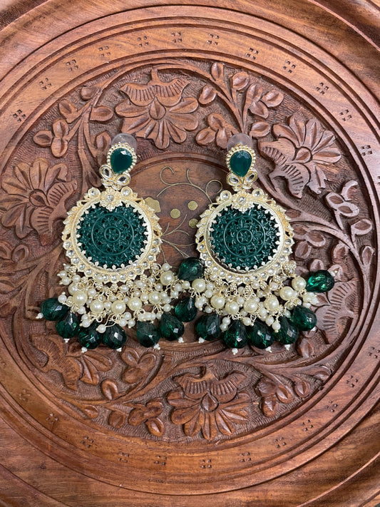 GREEN KUNDAN DANGLER EARRINGS