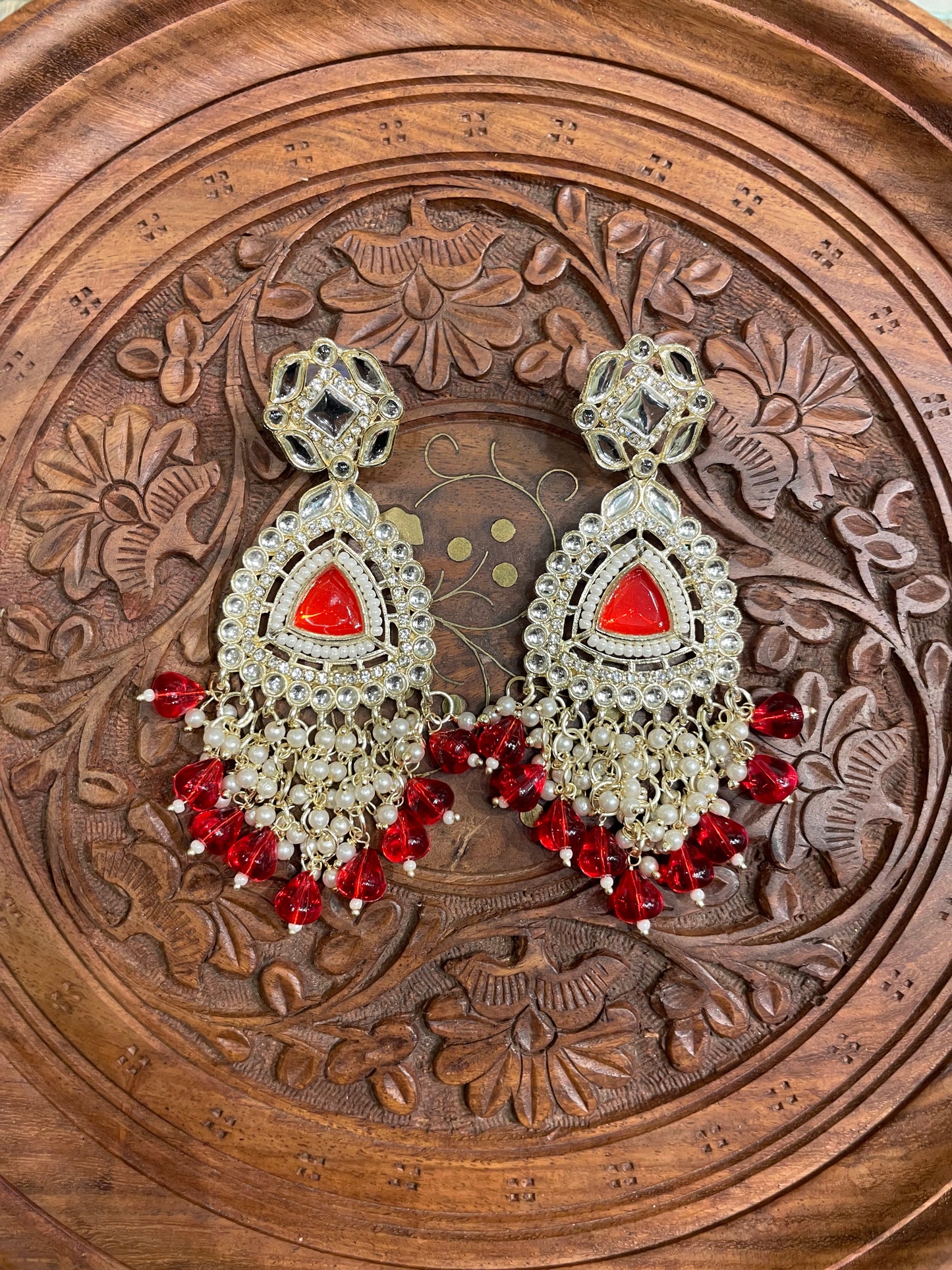 RED POLKI ZIRCON ETHNIC EARRINGS