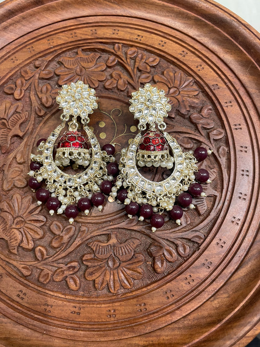 MAROON POLKI JHUMKI EARRINGS