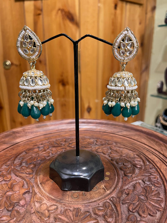 TRADITIONAL POLKI JHUMKI EARRINGS (GREEN)