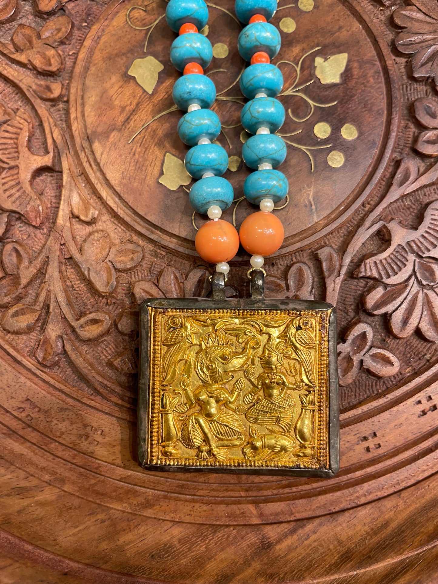 GOLD PATRA ANTIQUE TRIBAL ART TURQUOISE SEMI PRECIOUS STONE NECKLACE