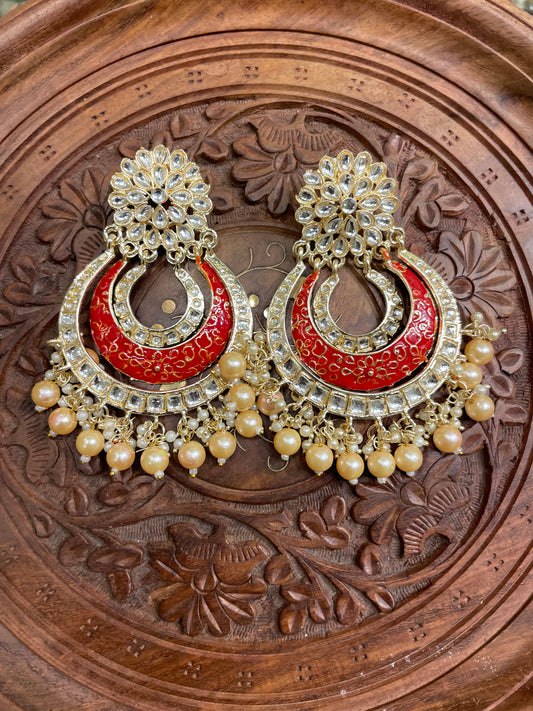 TRADITIONAL CHANDBALI RED IVORY PEARL EARRINGS