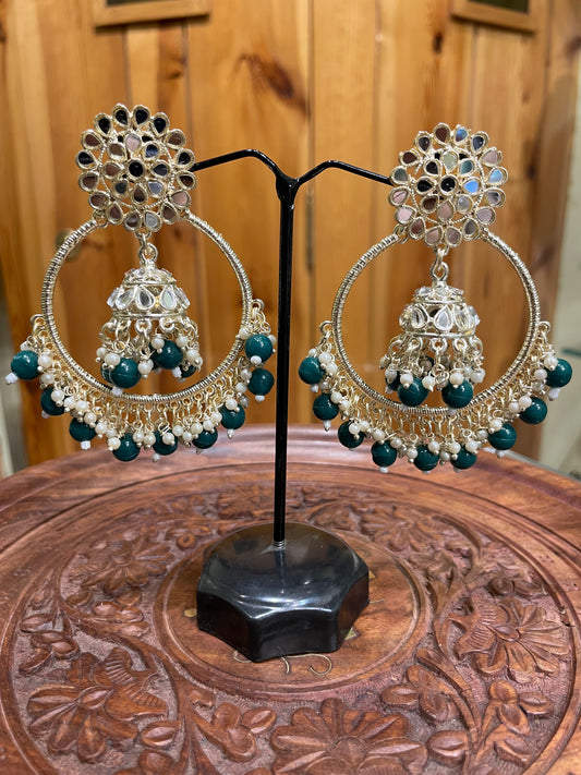 JHUMKI WITH HOOPS TRADITIONAL EARRINGS (GREEN)